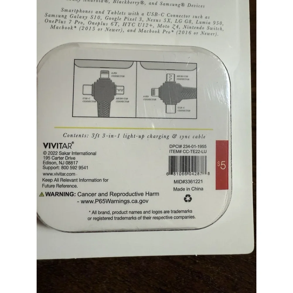 Charging & Sync Cable 3-in-1 Vivitar Light-Up Braided‎ Charger 3 ft